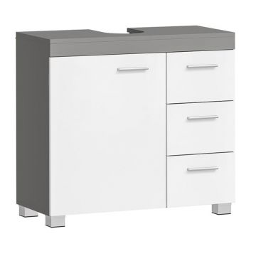 Dulap baie lavoar, cu 3 sertare si 2 compartimente, MDF, 70x30x64 cm, alb si gri