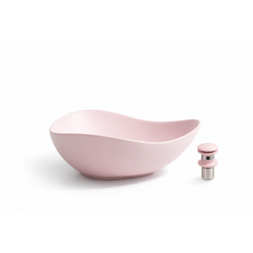 Lavoar Asimetric de Baie pe Blat BisDesign , Ceramica Roz Mat, Design Organic Modern, cu Ventil Ceramic Roz Inclus - 500   400   180 mm