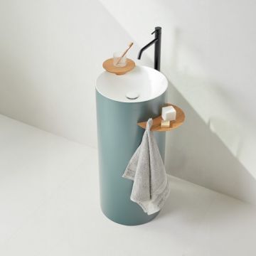 Lavoar freestanding Sanycces Circo Joy verde mat cu sapuniera si raft din lemn