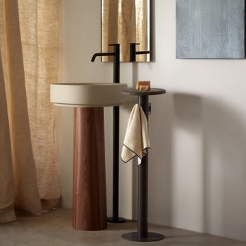 Lavoar freestanding Sanycces Oasis bej mat cu piedestal din lemn