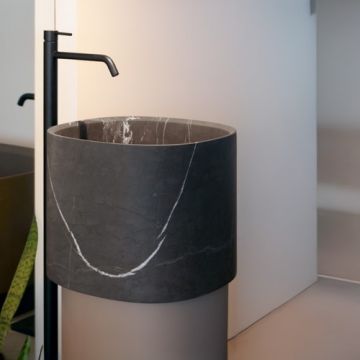 Lavoar freestanding Sanycces Oasis piatra naturala gri cu semi-piedestal maro