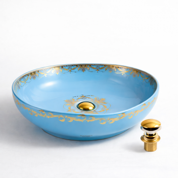 Lavoar Oval de Baie pe Blat BisDesign , Ceramica Albastru cu Decor Auriu, Design Luxury, cu Ventil Ceramic Auriu Inclus - 515   400   130 mm