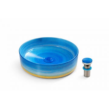 Lavoar Rotund de Baie pe Blat BisDesign , Ceramica Albastru Artistic cu Efect Spiralat, Design Statement Luxury - O 370   135 mm