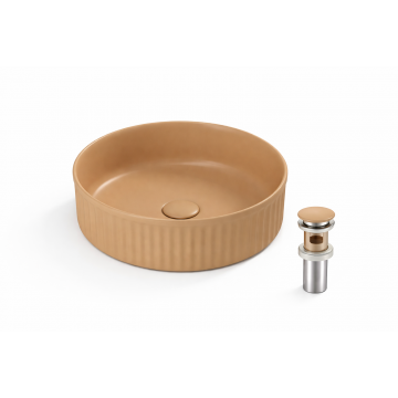 Lavoar Rotund de Baie pe Blat BisDesign , Ceramica Bej Nisipiu Mat, Design Modern, cu Ventil Ceramic Inclus - 370   370   130 mm