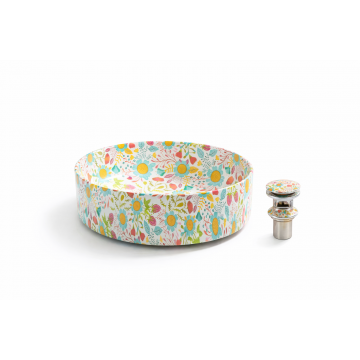 Lavoar Rotund de Baie pe Blat BisDesign , Ceramica Multicolor cu Model Floral Artistic, ventil ceramic model floral inclus, Design Statement - O 370