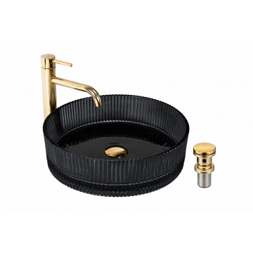 Lavoar Rotund de Baie pe Blat BisDesign , Sticla Negru Fumuriu, Design Luxury, cu Ventil Auriu Inclus - O 360   112 mm