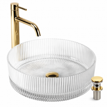 Lavoar Rotund de Baie pe Blat BisDesign , Sticla Transparenta Tip Cristal, Design Luxury, cu Ventil Auriu Inclus - O 360   112 mm