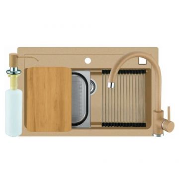 Set chiuveta Alveus Atrox 40 cu baterie Jana G55 bej si accesorii - Dimensiune 79x50 cm